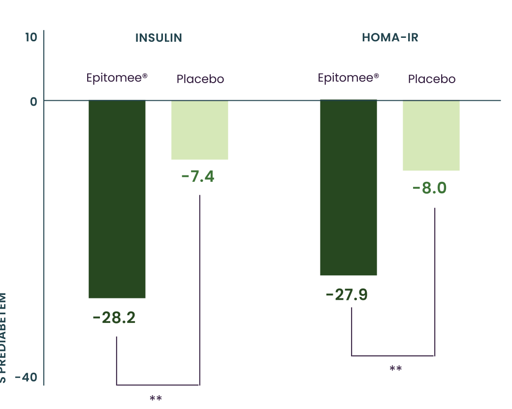 Graf: změna inzulinu a HOMA-IR u účastníků s prediabetem, Epitomee vs. placebo